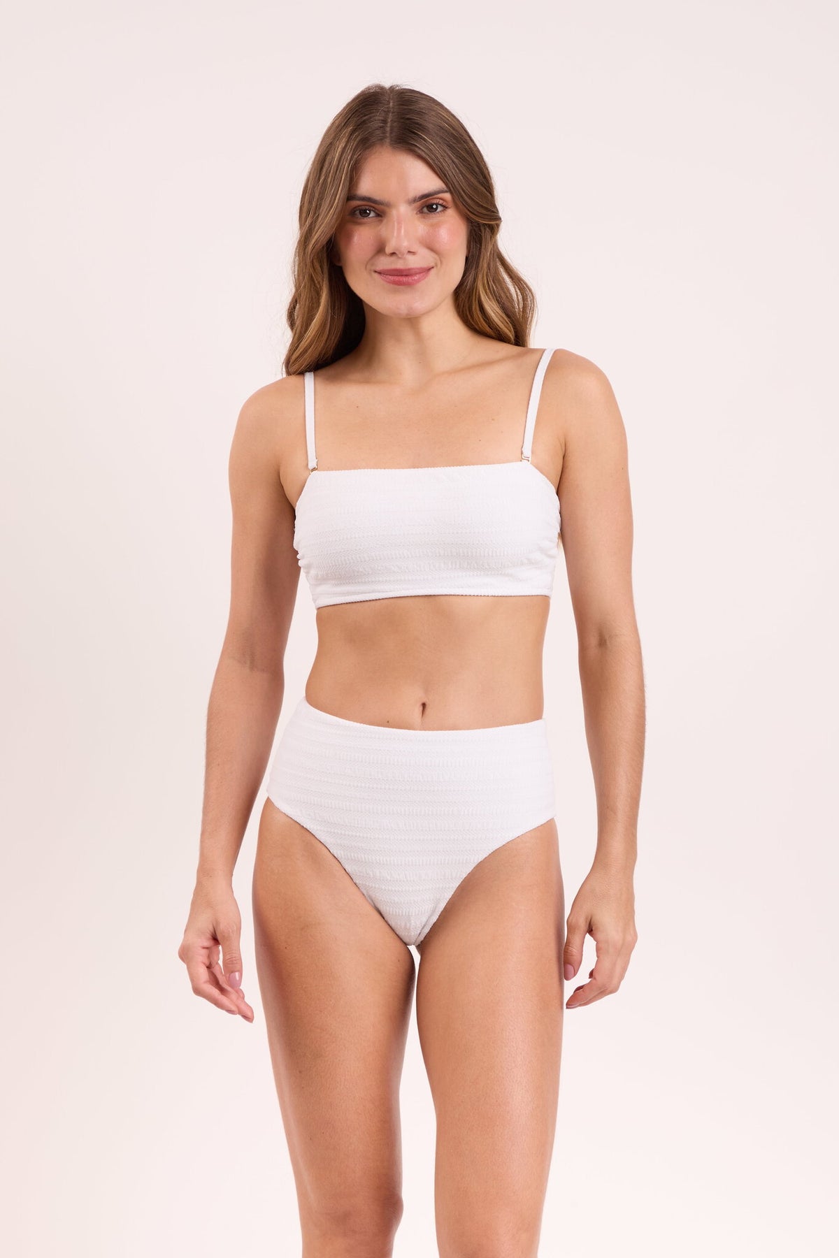 Model Front: Rio De Sol Two Piece Swimwear Set Memphis-White Bandeau-Reto Hotpants