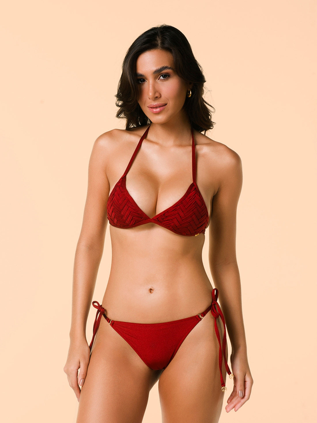 Model Front: Lua Morena Two Piece Swimwear Set Urucum Triangulo-Macrame Rolote