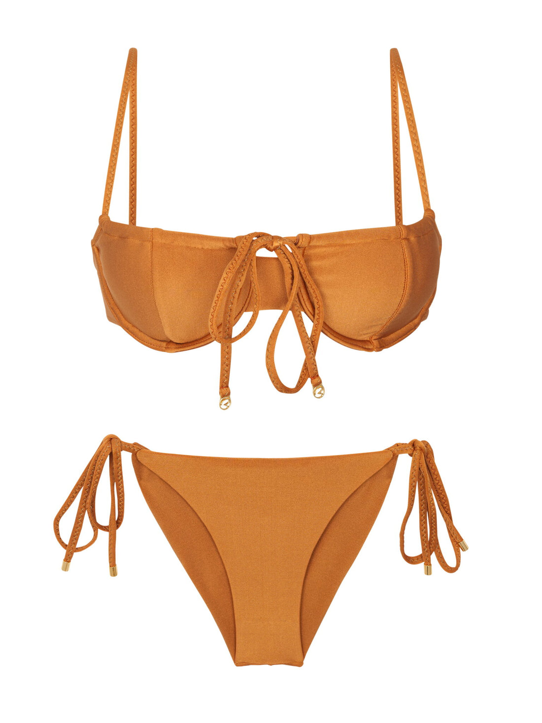 Product Front: Rio De Sol Two Piece Swimwear Set Shimmer-Nocciola Balconet-Tie Cheeky-Tie-Gold