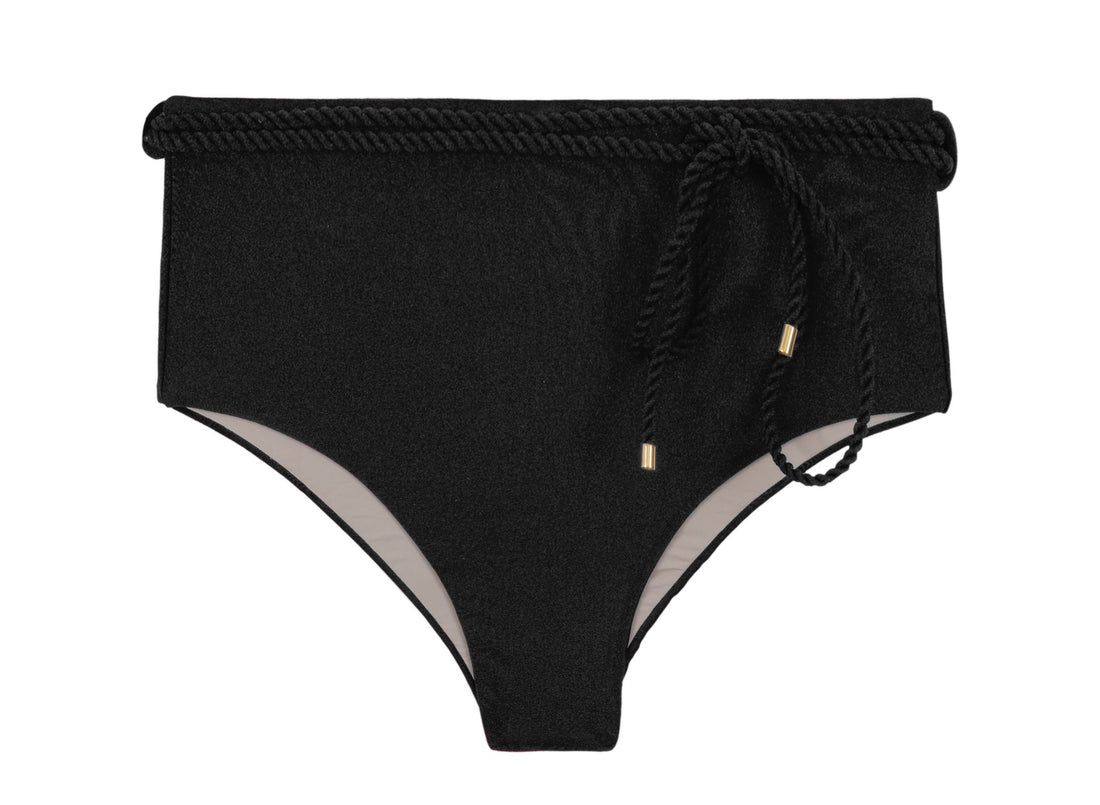 Product Front: Rio De Sol Bikini Bottoms Bottom Shimmer-Black Belted-High-Waist