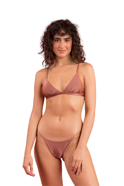 Model Front: Rio De Sol Bikini Bottoms Bottom Shimmer-Copper California