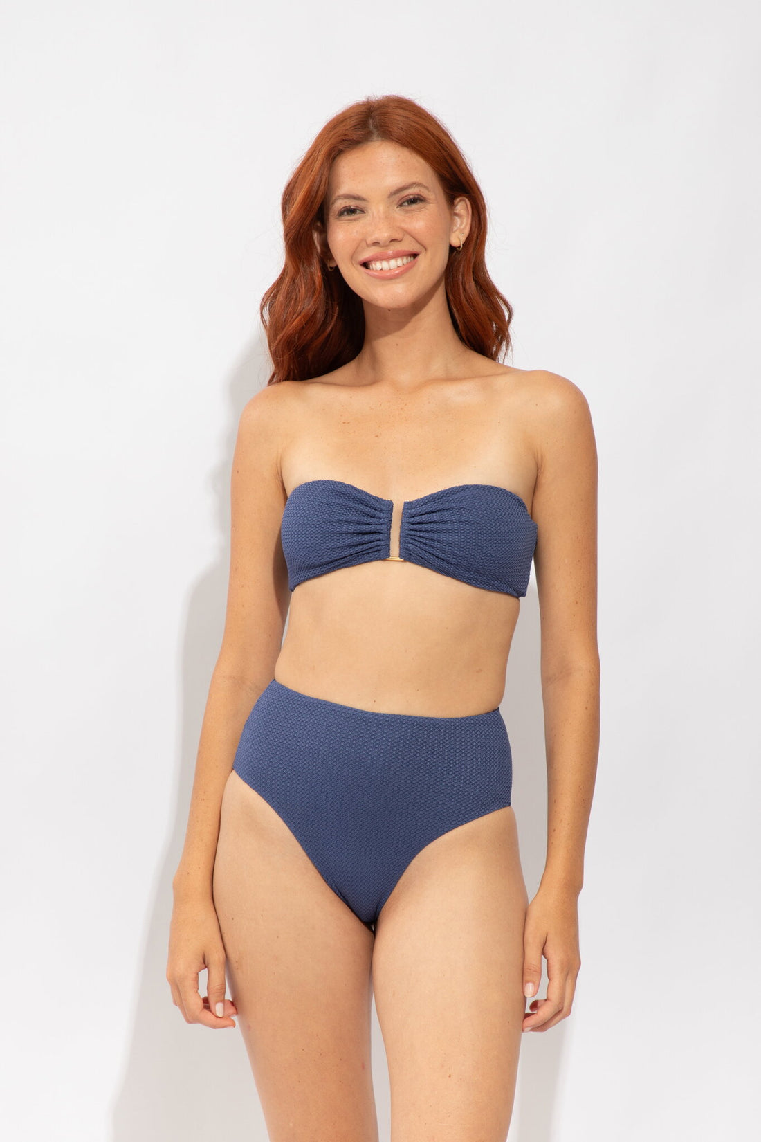 Model Front: Rio De Sol Bikini Bottoms Bottom Carmel-Blue Hotpants