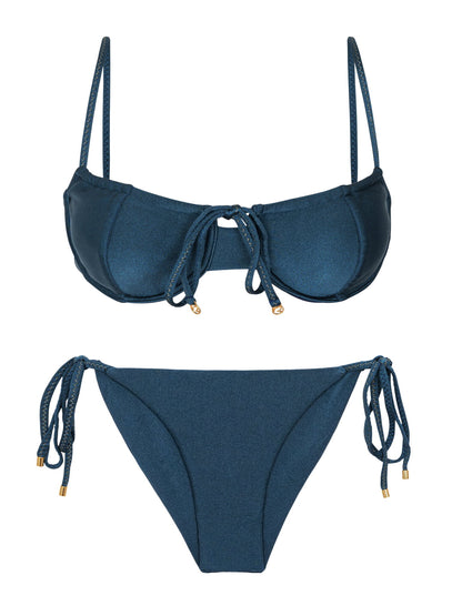 Product Front: Rio De Sol Two Piece Swimwear Set Shimmer-Shark Balconet-Tie Cheeky-Tie-Gold